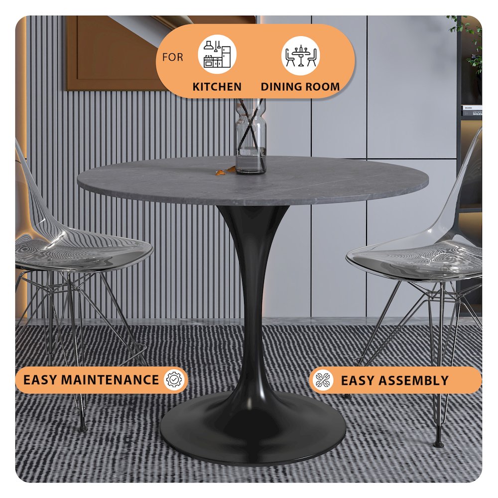 Verve Collection 36 Round Dining Table, Black Base with Sintered Stone Grey Top