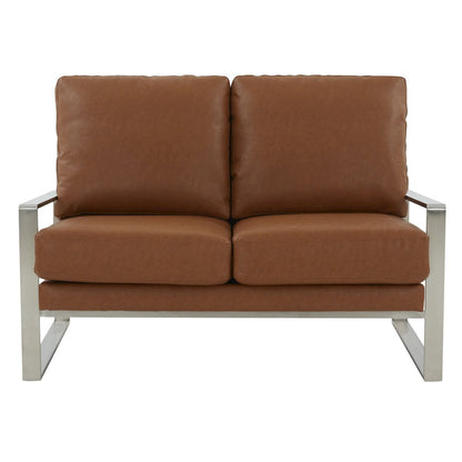Jefferson Contemporary Modern Faux Leather Loveseat With Silver Frame