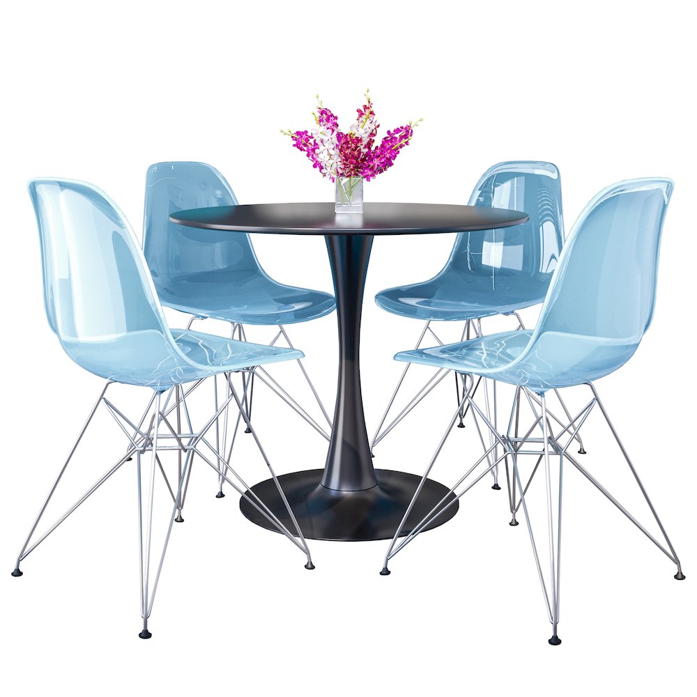 5-Piece Dining Set 35" Round Dining Table in Chrome - Transparent Blue
