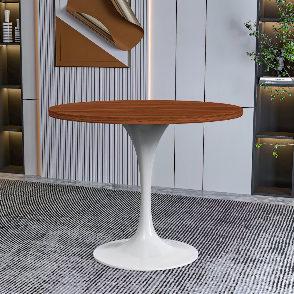 Verve Collection 36 Round Dining Table, White Base with Cognac Brown MDF Top