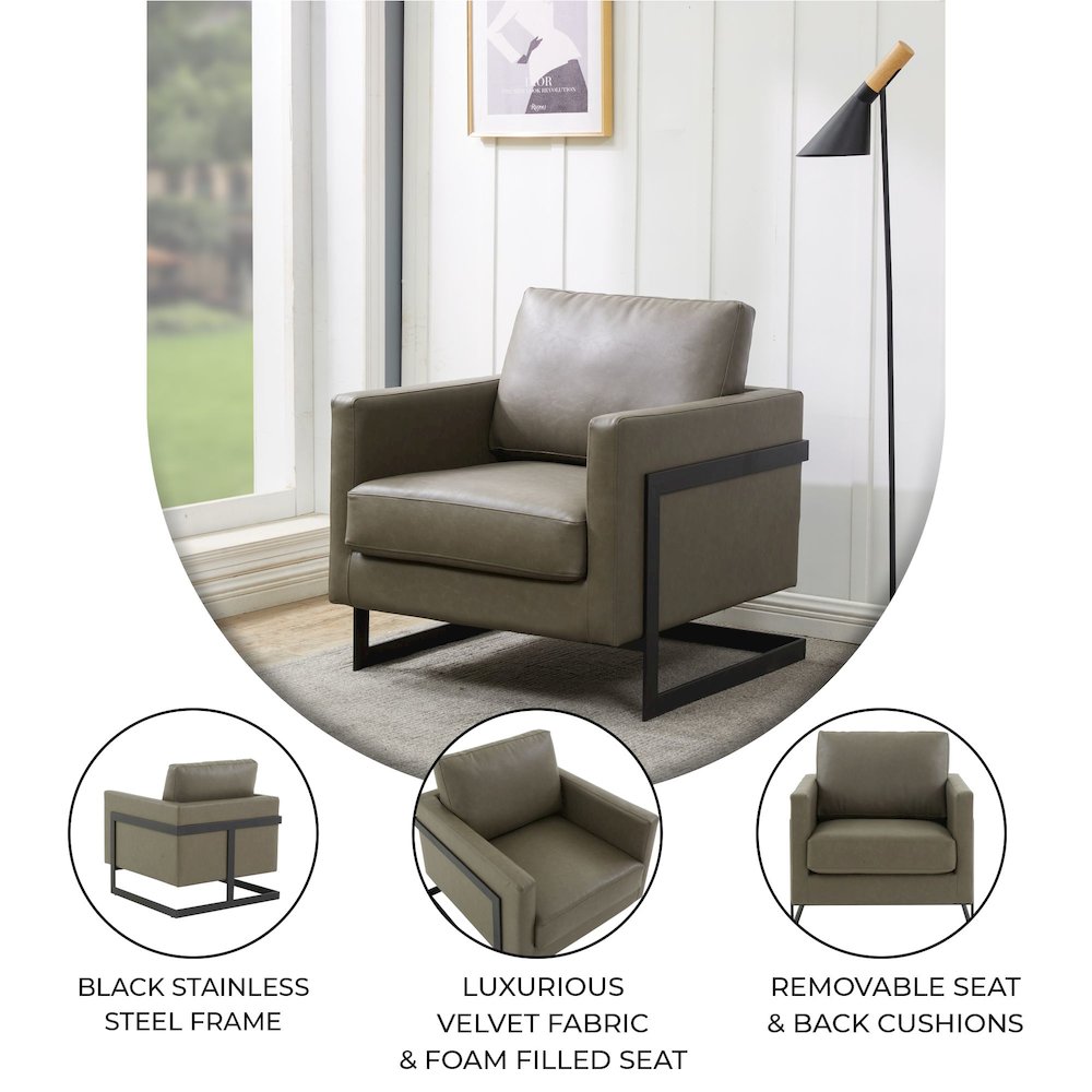 Lincoln Leather Accent Armchair With Black Steel Frame in Grey