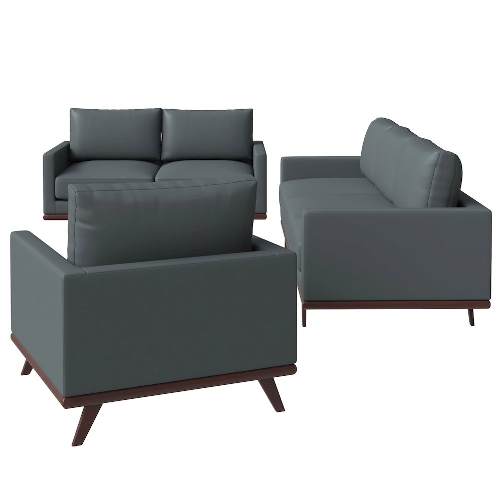 Chester 3-Piece Leather Living Room Sofa Set with Birch Wood Base Grey
