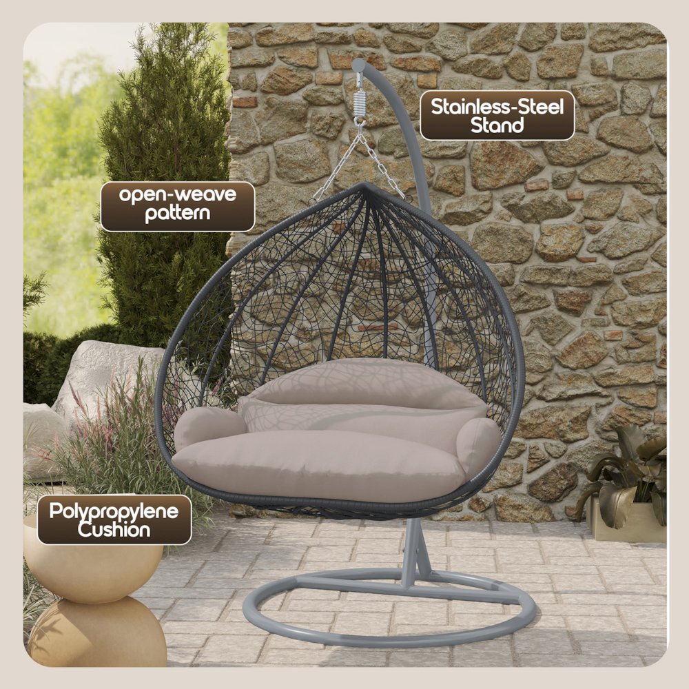 Recluse Collection Modern Outdoor Swing Chair Grey Frame with ES57 Beige Cushion