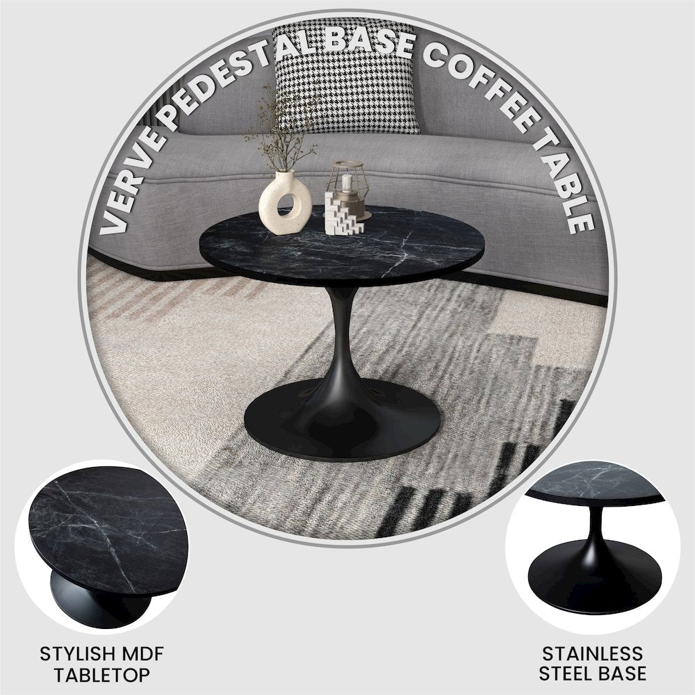 Verve Coffee Table Black base with 27" round Black Marble MDF top