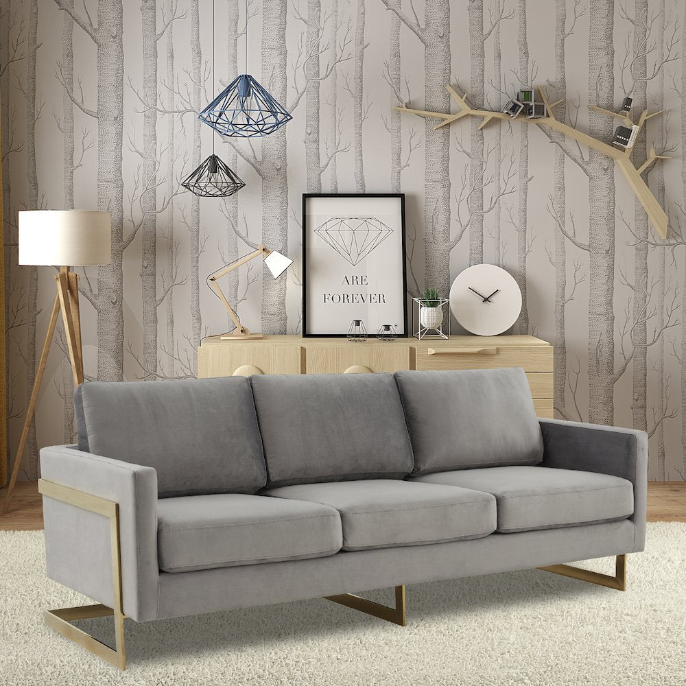 Lincoln Modern Mid-Century Upholstered Velvet Sofa with Gold Frame