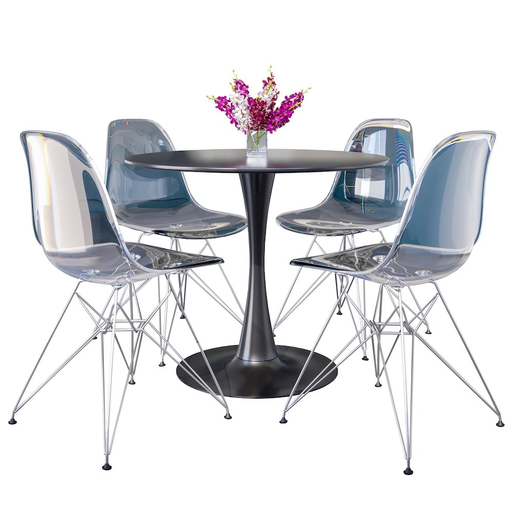 5-Piece Dining Set 35" Round Dining Table in Chrome - Clear