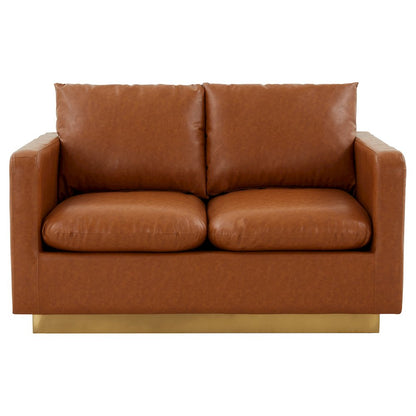Nervo Modern Mid-Century Upholstered Leather Loveseat with Gold Frame
