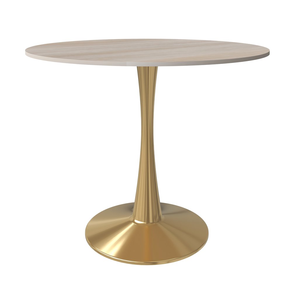 Bristol 35" Round Dining Table Gold Base with Sintered Stone Natural Wood Top