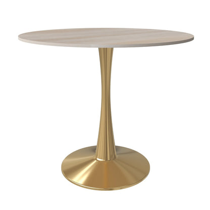 Bristol 35" Round Dining Table Gold Base with Sintered Stone Natural Wood Top