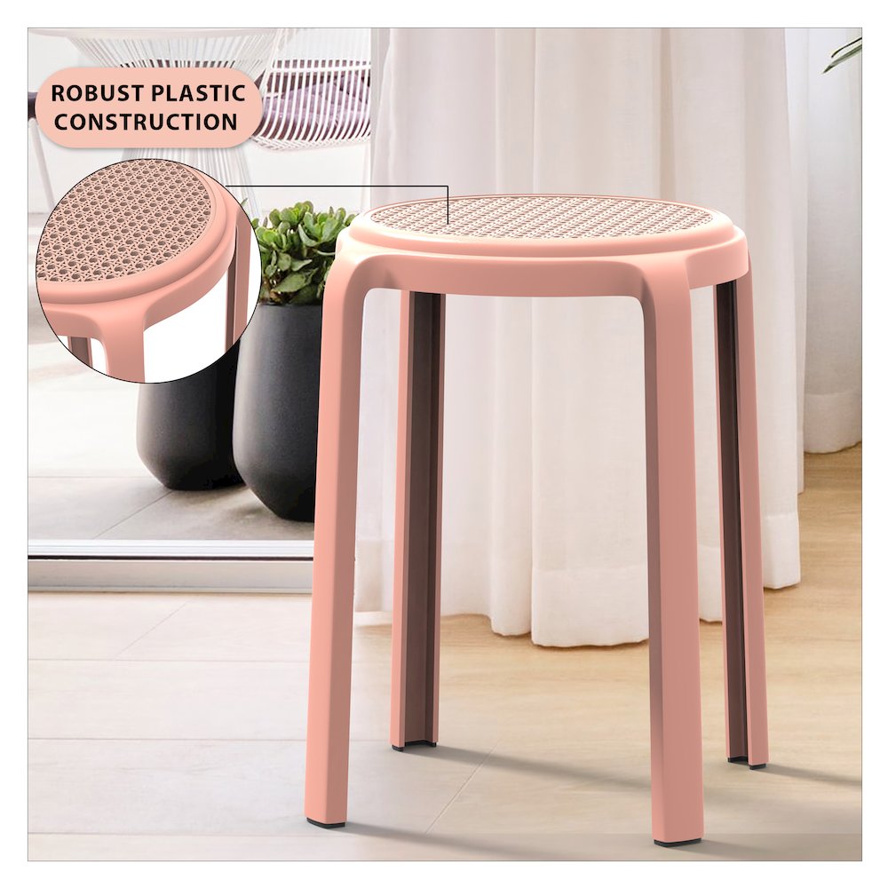 Tresse Series Stackable Round Poly Stool With Wicker Top 13 in Pink