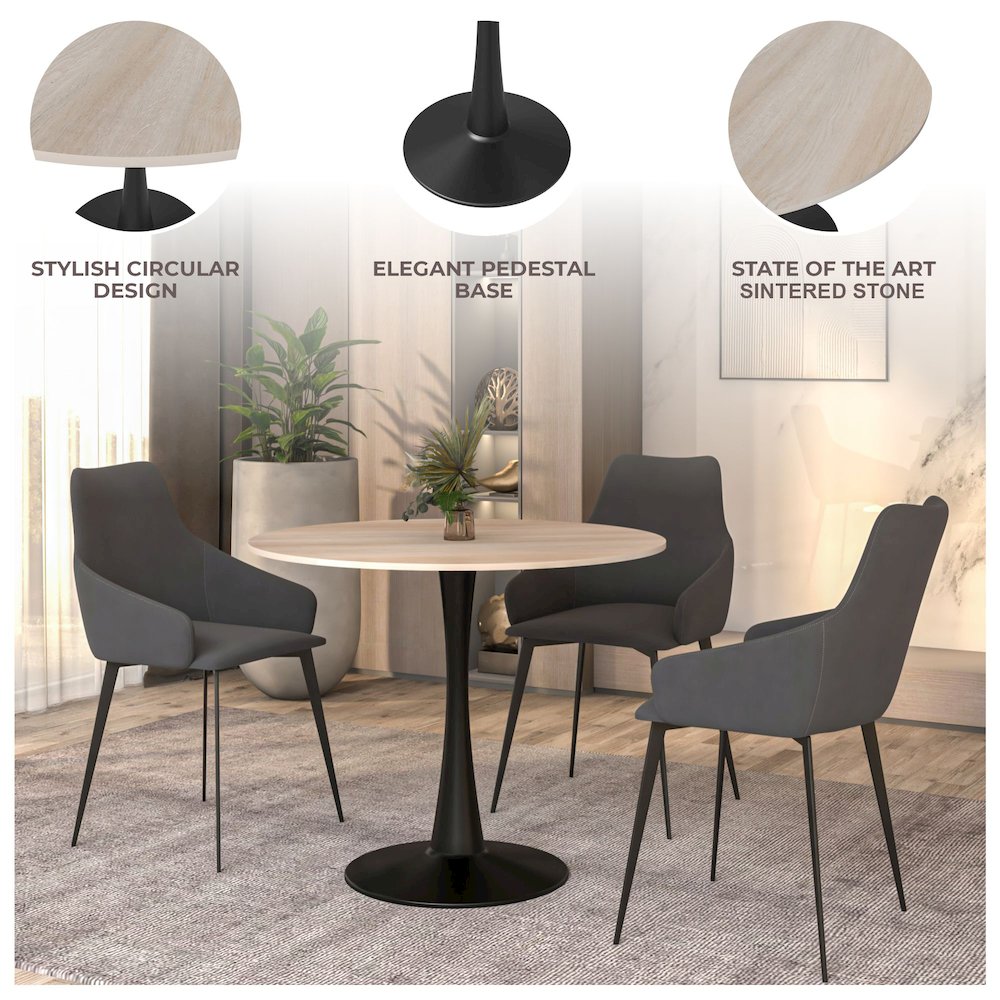 Bristol 35" Round Dining Table Black Base with Sintered Stone Natural Wood Top