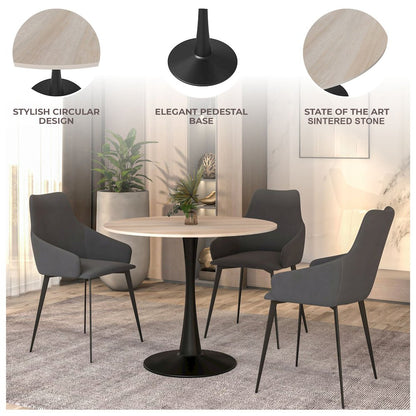 Bristol 35" Round Dining Table Black Base with Sintered Stone Natural Wood Top