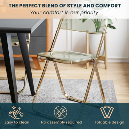 Lawrence Acrylic Folding Chair With Gold Metal Frame, Set of 2