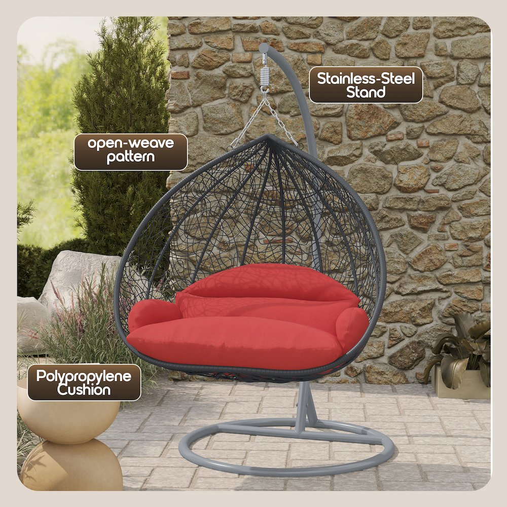 Recluse Collection Modern Outdoor Swing Chair Grey Frame with ES57 Red Cushion