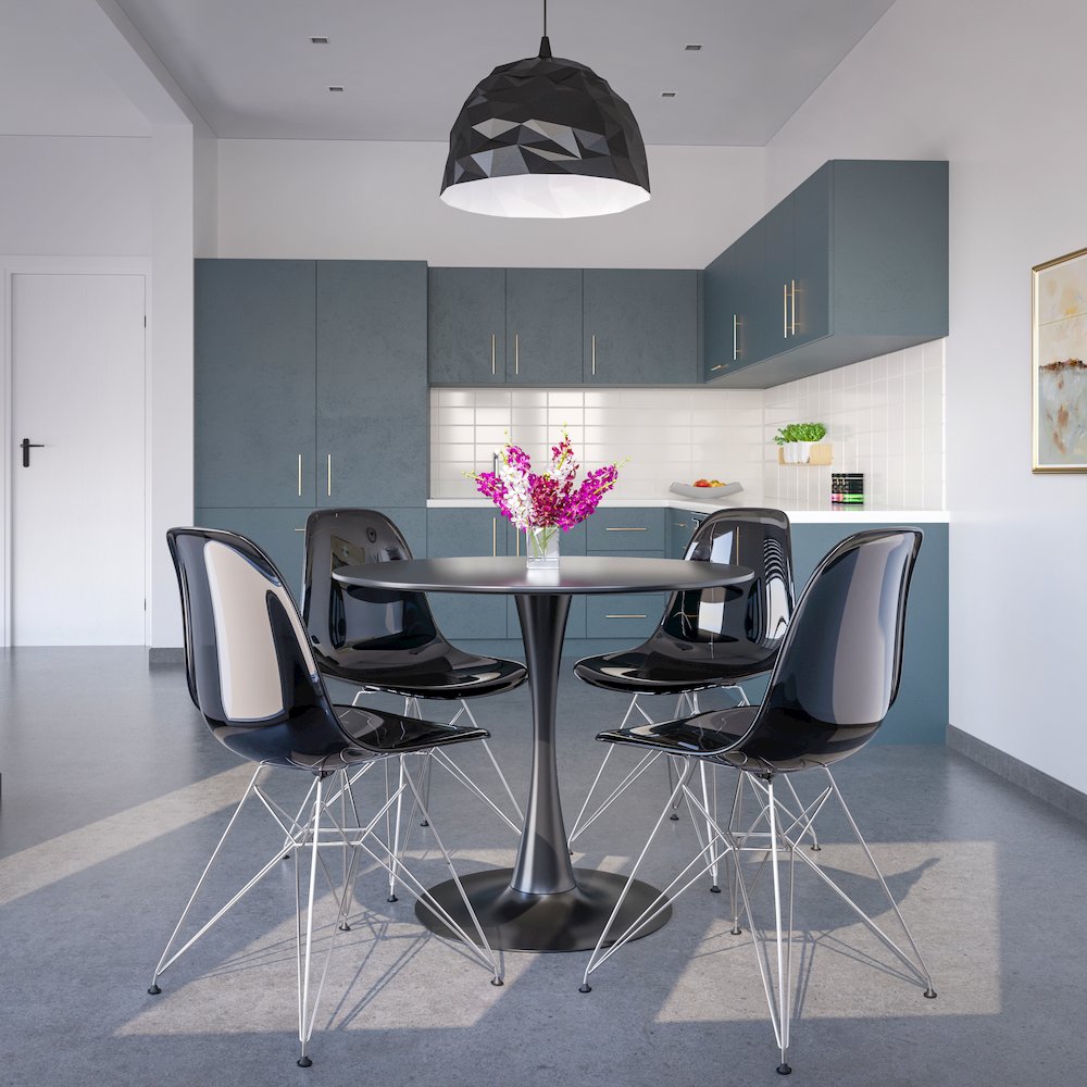 5-Piece Dining Set 35" Round Dining Table in Chrome - Transparent Black