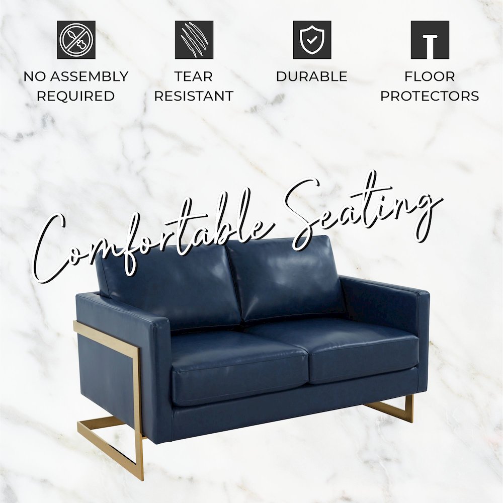 Lincoln Modern Mid-Century Upholstered Leather Loveseat with Gold Frame