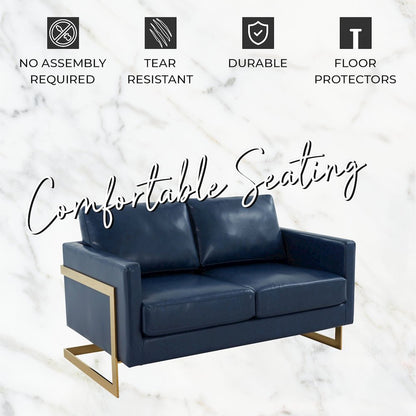 Lincoln Modern Mid-Century Upholstered Leather Loveseat with Gold Frame