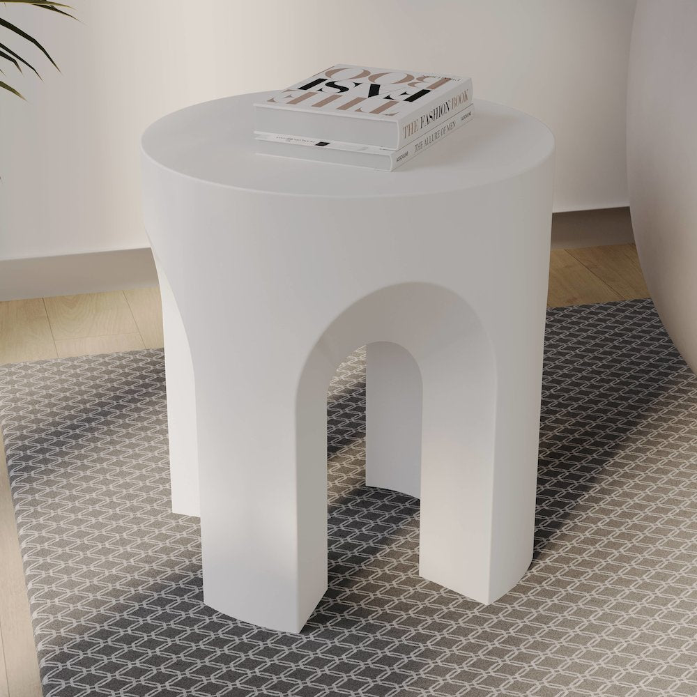 Crus Collection Fiberglass Outdoor Side Table in White