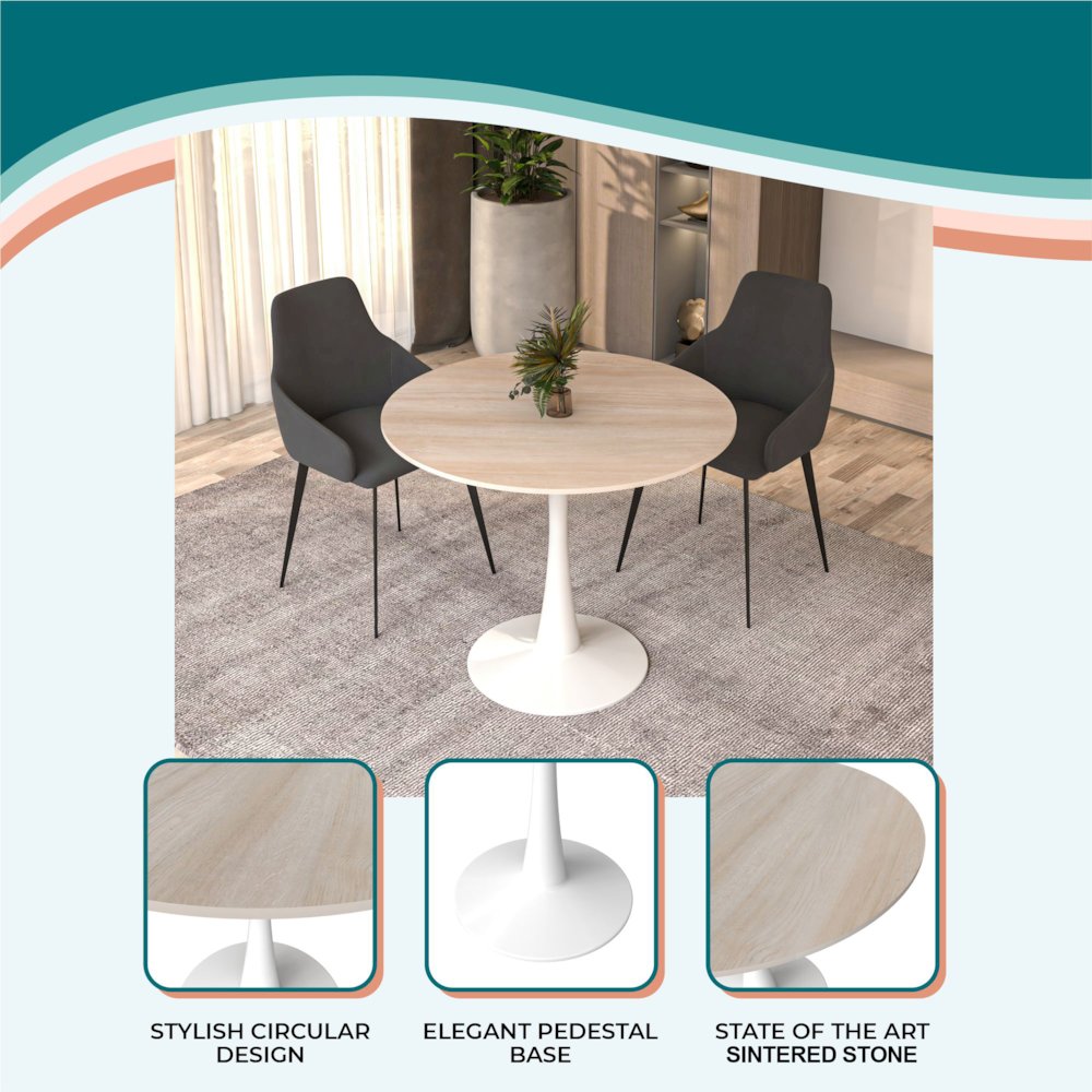 Bristol 31" Round Dining Table White Base with Sintered Stone Natural Wood Top