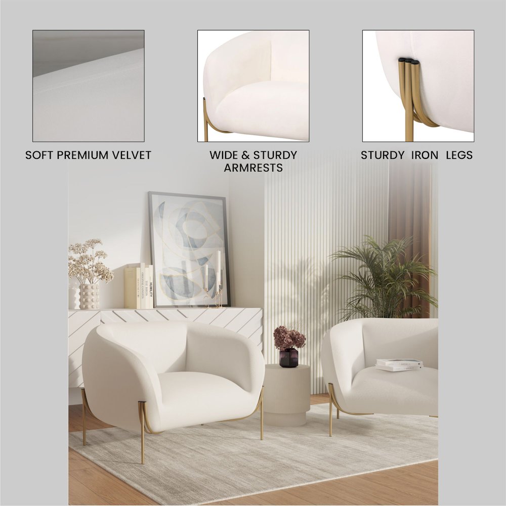 Zuno Collection Modern Single Seater Sofa in White Velvet