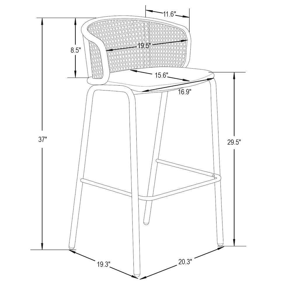 Ervilla Mid-Century Modern Wicker Bar Stool in Grey