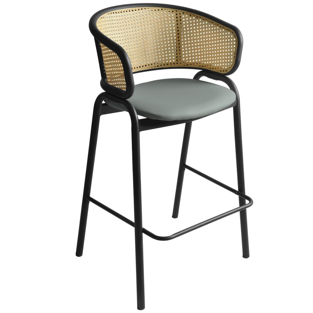 Ervilla Wicker Bar Stool with Fabric Seat and Black Steel Frame - Grey Leather