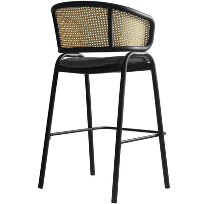 Ervilla Wicker Bar Stool with Fabric Seat and Black Steel Frame - Black Leather