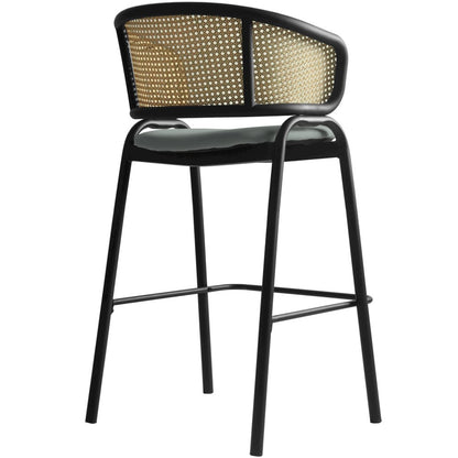 Ervilla Wicker Bar Stool with Fabric Seat and Black Steel Frame - Grey Leather