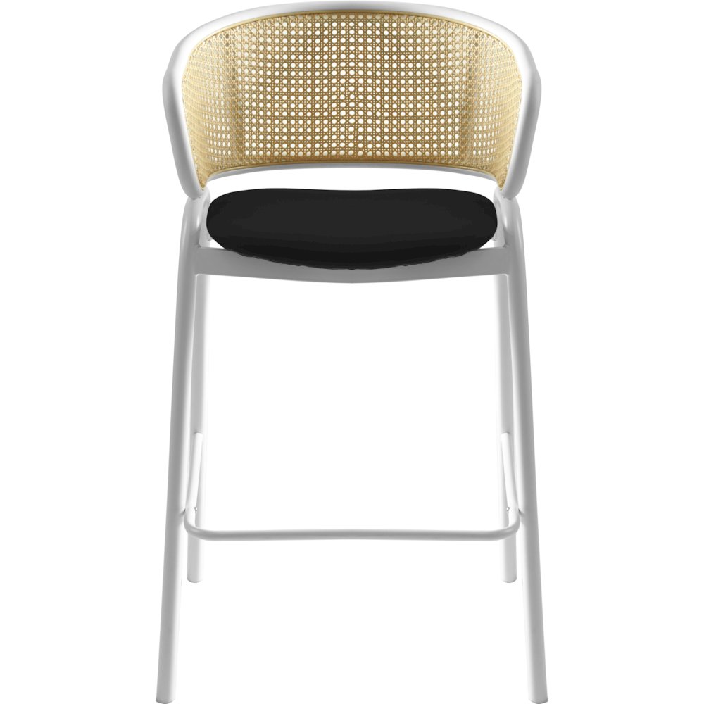 Ervilla Wicker Bar Stool with Fabric Seat and White Steel Frame - Black leather
