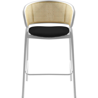 Ervilla Wicker Bar Stool with Fabric Seat and White Steel Frame - Black leather