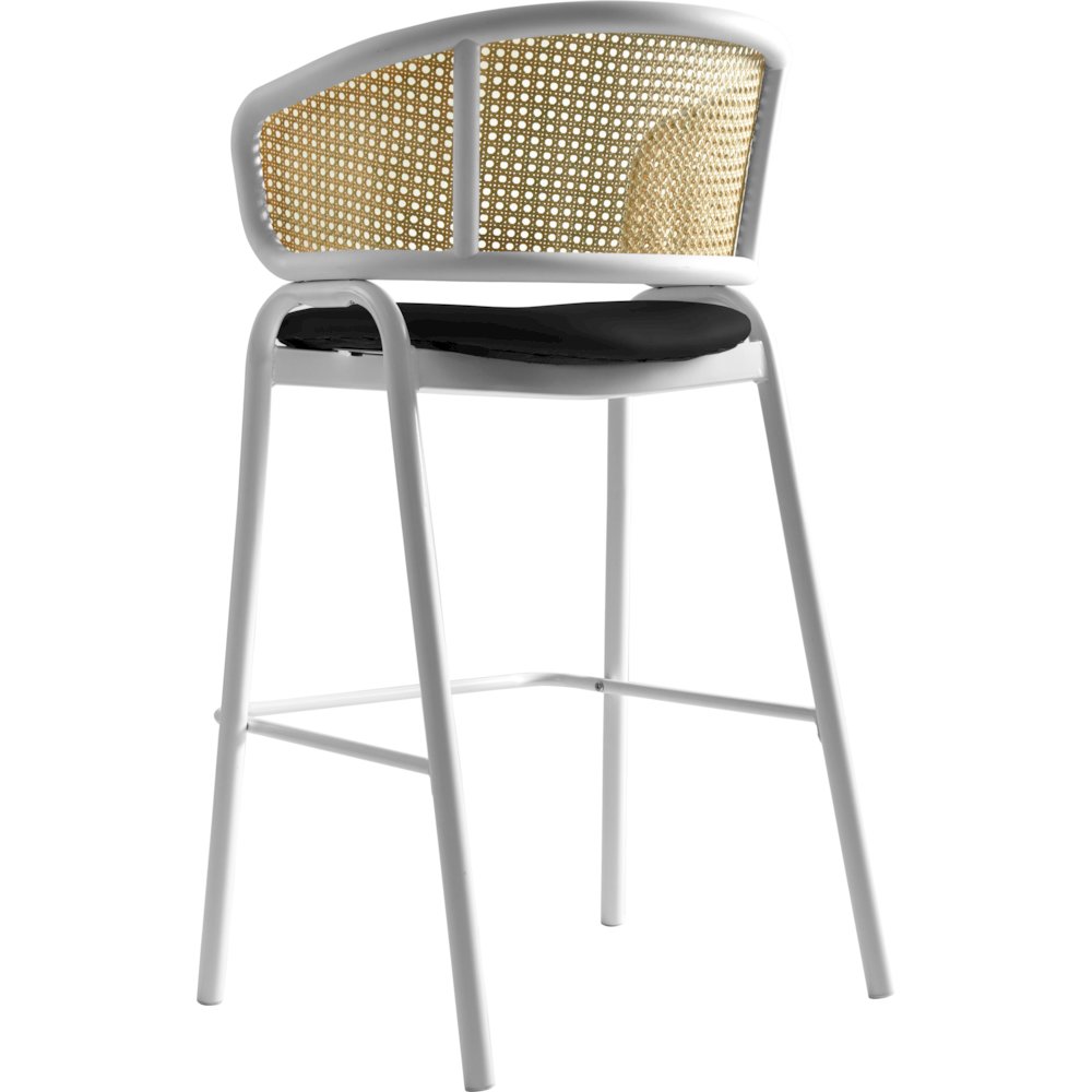 Ervilla Wicker Bar Stool with Fabric Seat and White Steel Frame - Black leather