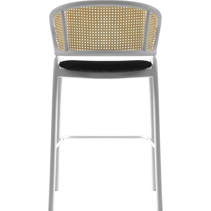Ervilla Wicker Bar Stool with Fabric Seat and White Steel Frame - Black leather