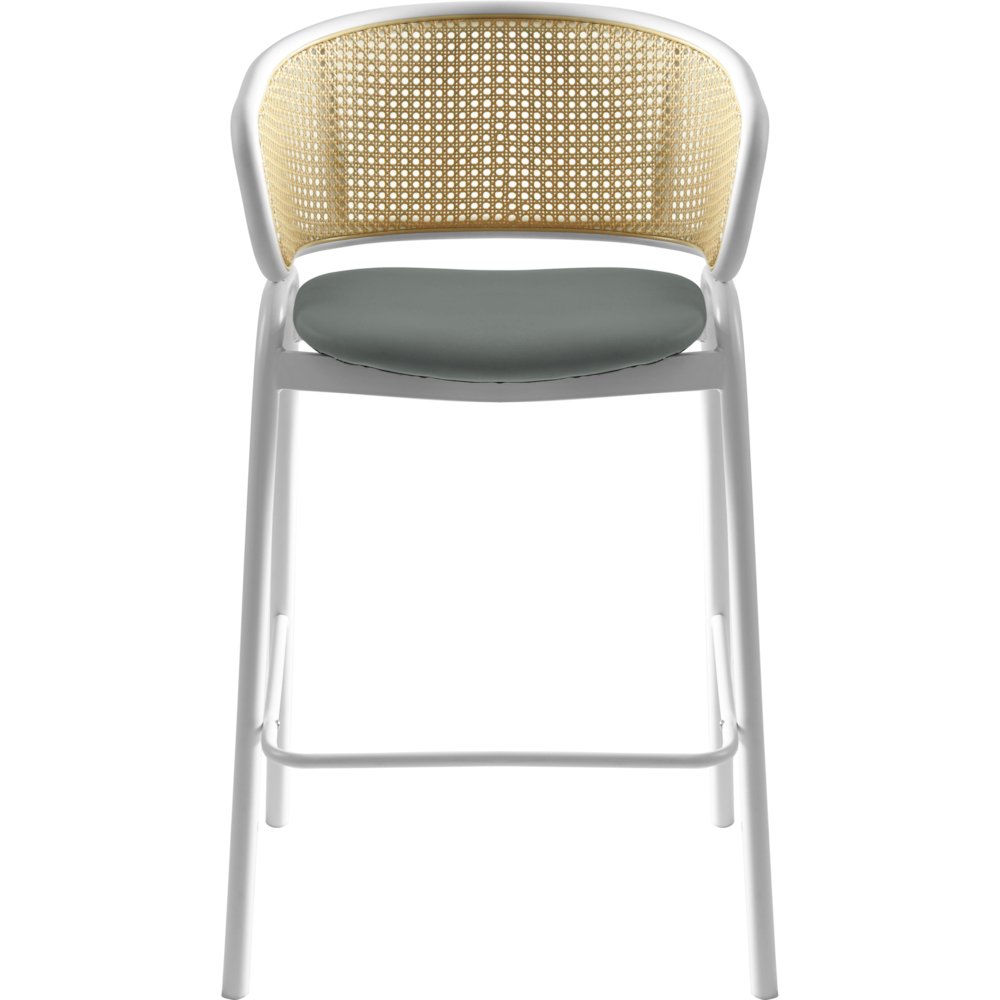 Ervilla Wicker Bar Stool with Fabric Seat and White Steel Frame - Grey leather