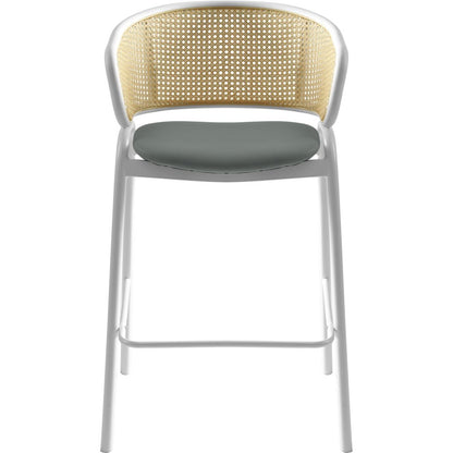 Ervilla Wicker Bar Stool with Fabric Seat and White Steel Frame - Grey leather