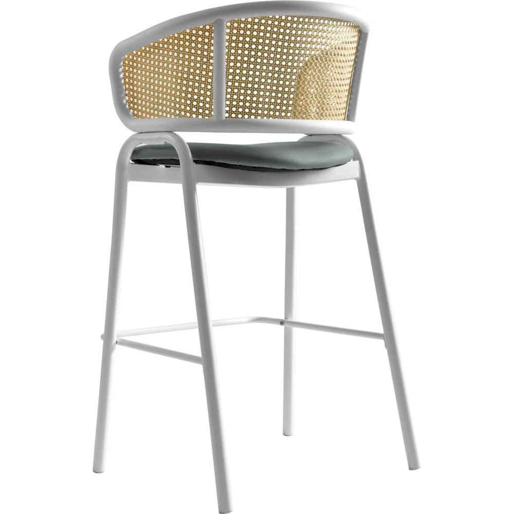 Ervilla Wicker Bar Stool with Fabric Seat and White Steel Frame - Grey leather