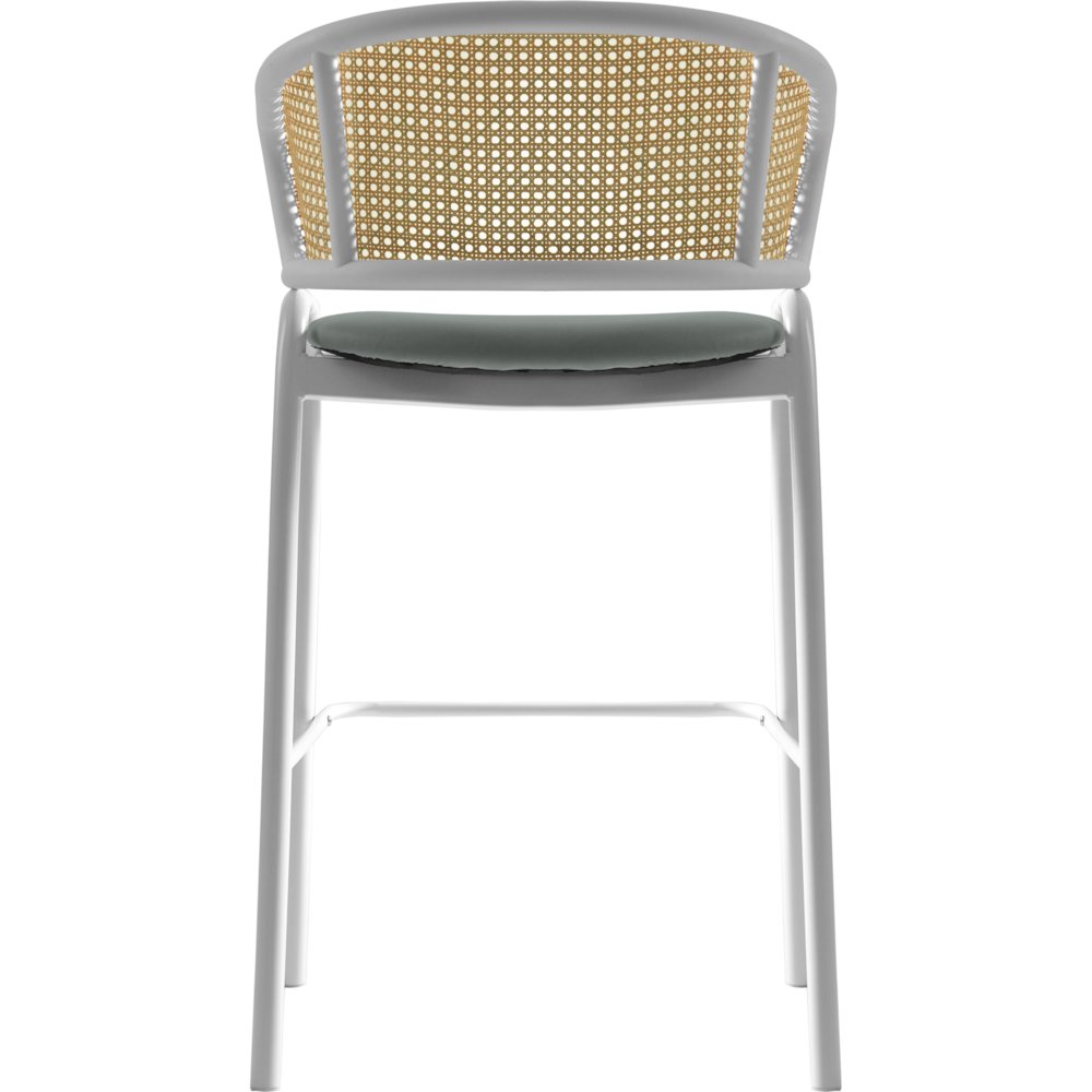 Ervilla Wicker Bar Stool with Fabric Seat and White Steel Frame - Grey leather