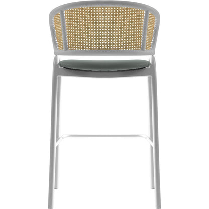 Ervilla Wicker Bar Stool with Fabric Seat and White Steel Frame - Grey leather