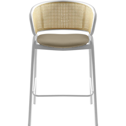 Ervilla Wicker Bar Stool with Fabric Seat and White Steel Frame - Taupe