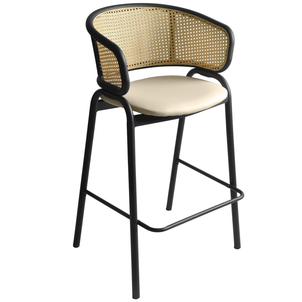 Ervilla Wicker Bar Stool with Fabric Seat and Black Steel Frame - Taupe
