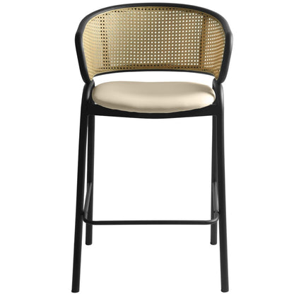 Ervilla Wicker Bar Stool with Fabric Seat and Black Steel Frame - Beige Leather