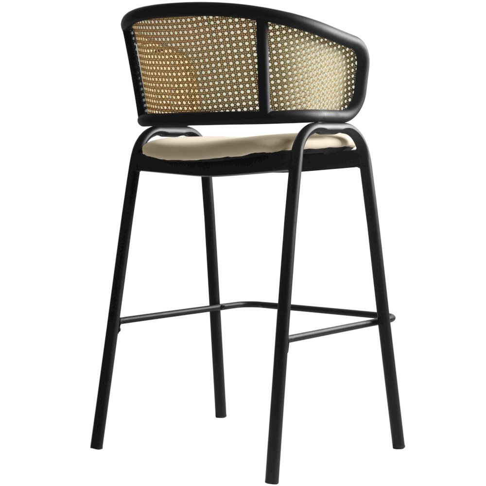 Ervilla Wicker Bar Stool with Fabric Seat and Black Steel Frame - Beige Leather