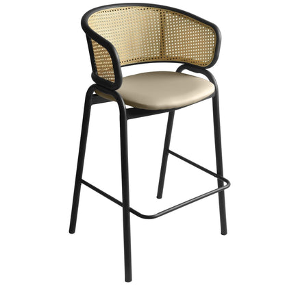 Ervilla Wicker Bar Stool with Fabric Seat and Black Steel Frame - Beige Leather