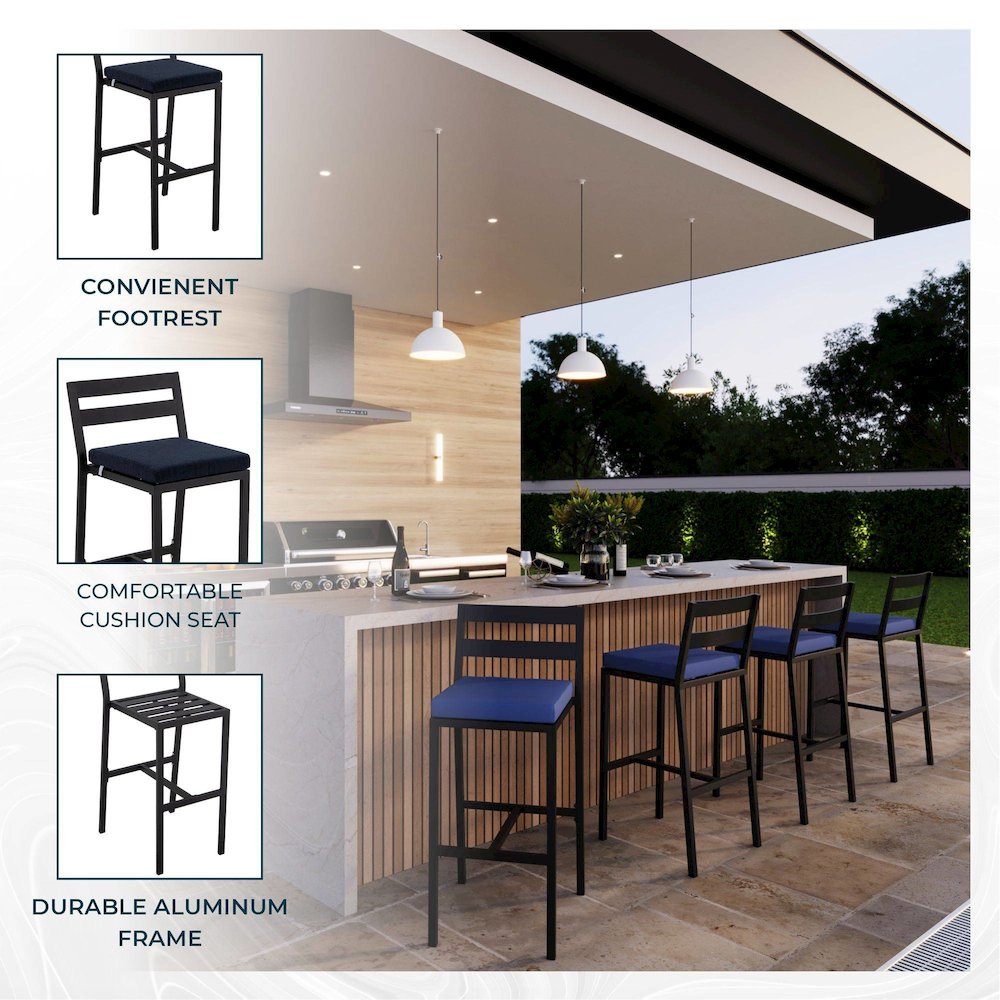 Chelsea Collection Modern Aluminum Chair in black with Blue Cushions - Set of 4