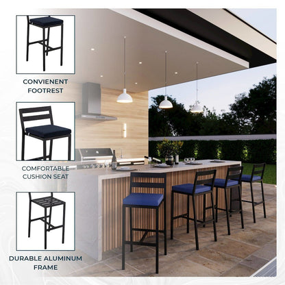 Chelsea Collection Modern Aluminum Chair in black with Blue Cushions - Set of 4