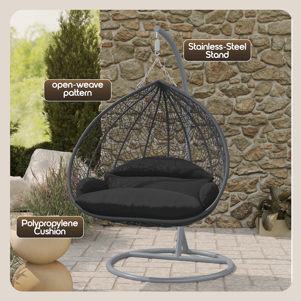 Recluse Collection Modern Outdoor Swing Chair Grey Frame with ES57 Black Cushion