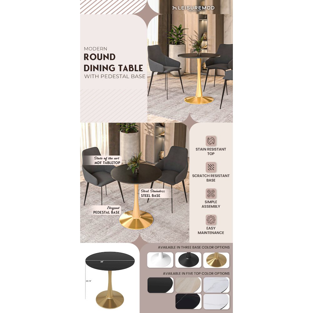 Bristol 24" round dining table Gold Base With Black Top