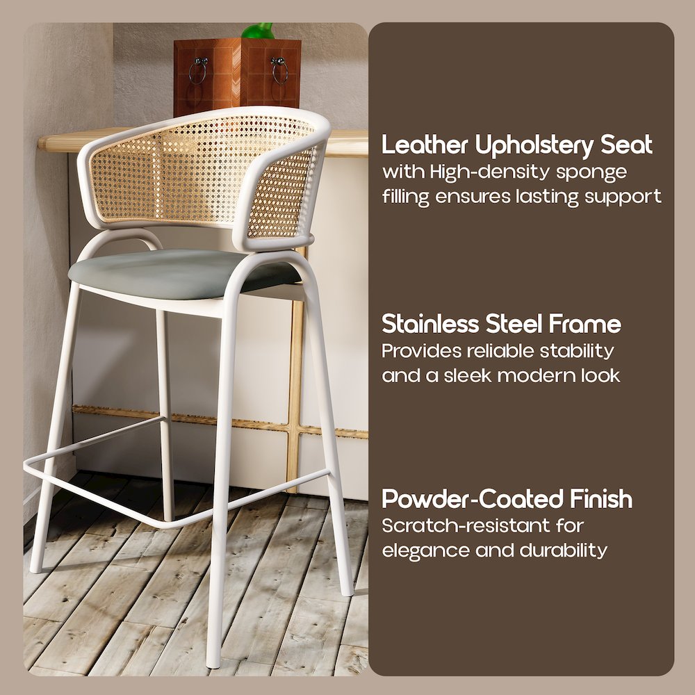 Ervilla Wicker Bar Stool with Fabric Seat and White Steel Frame - Grey leather