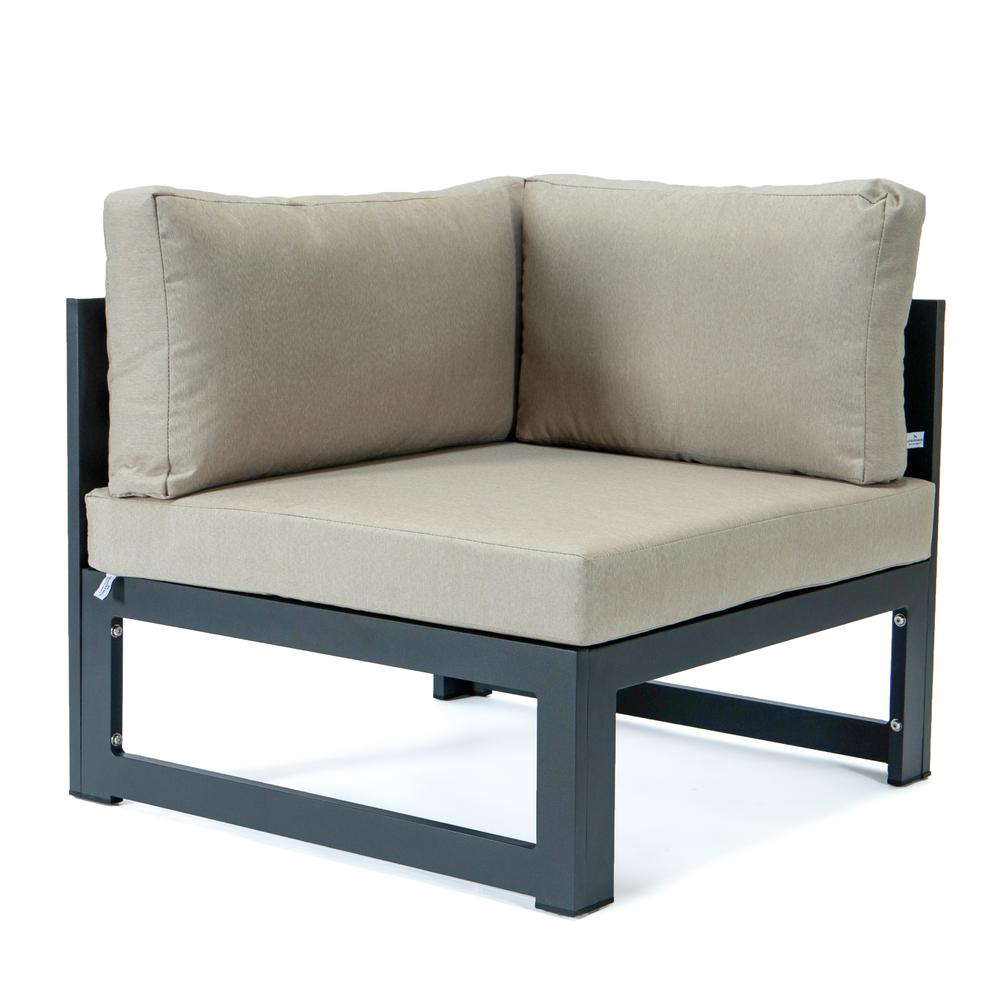 LeisureMod Chelsea 5-Piece Sectional Loveseat and Fireplace Set Black Aluminum with Cushions, Beige