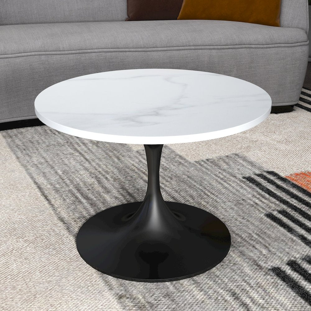 Verve Coffee Table Black base with 27" round White Sintered Stone top