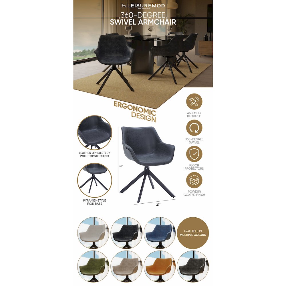 Markley Modern Leather Dining Swival Arm Chair in Black